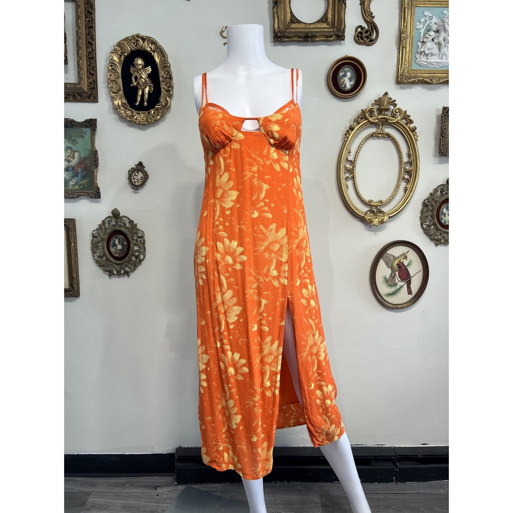 Urban Outfitters Orange Yellow Floral Print Slit Midi Slip Dress Size M